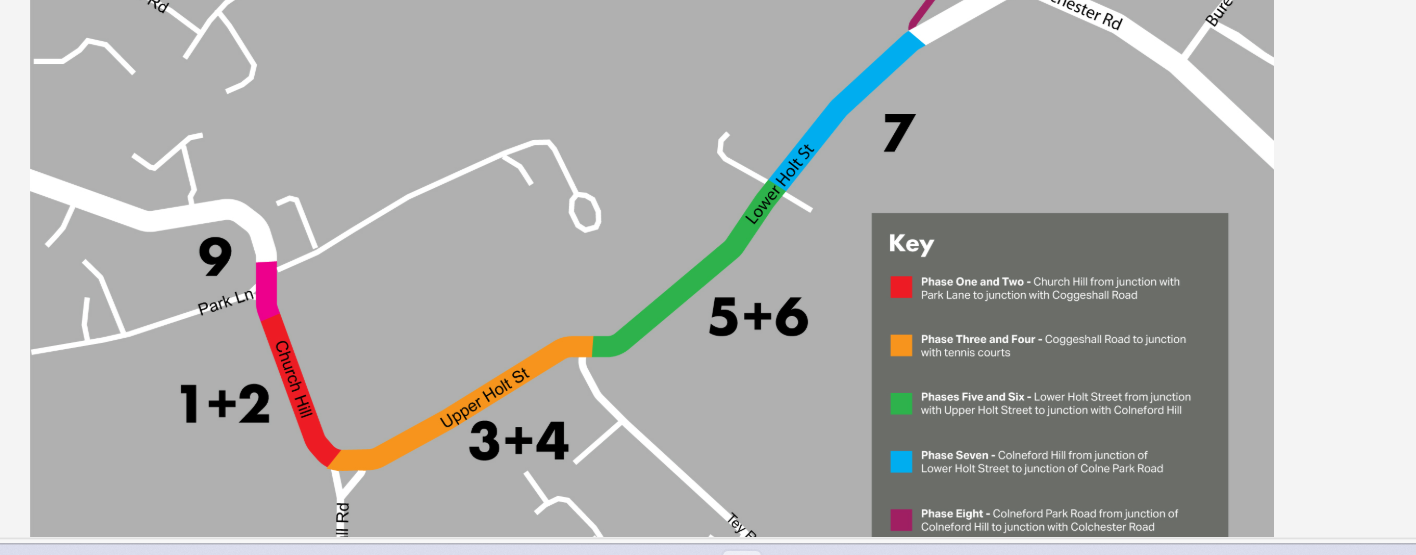 Map of a residential area showing planned roadworks, including highlighted routes, road closures, traffic controls, and work durations.