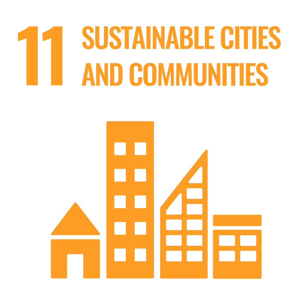 SDG 11 Sustainable Cities and Communities icon showing multiple buildings and houses in a cityscape representing sustainable urban development.