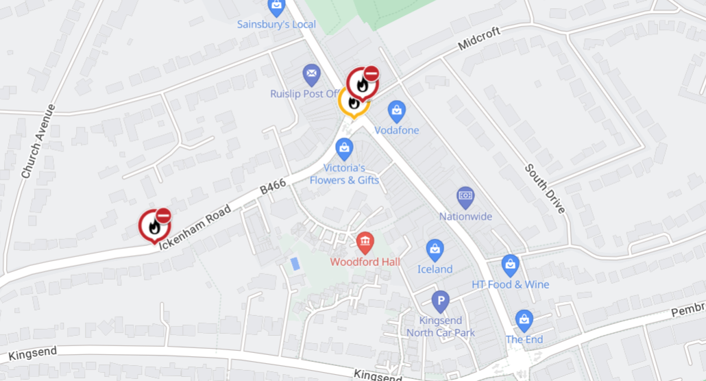 Map showing the location of the gas pipe replacement works at High Street, Ickenham Road and Midcroft, Ruislip