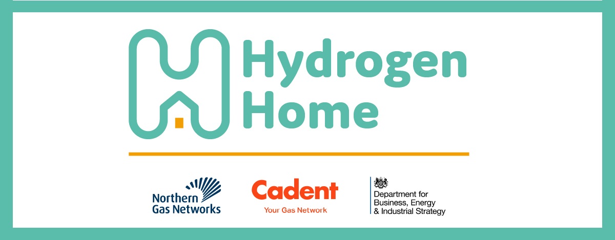 Logo for 'Hydrogen Home' featuring a stylized 'H' with a dot, accompanied by logos of Northern Gas Networks, Cadent, and the UK Department for Business, Energy & Industrial Strategy.