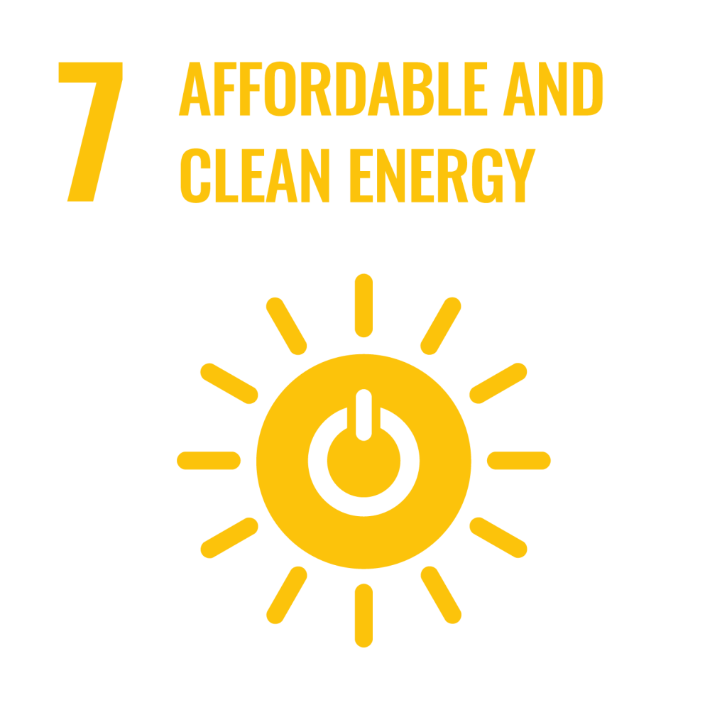 SDG 7 Affordable and Clean Energy icon showing a power symbol inside a sun with rays, representing renewable energy.