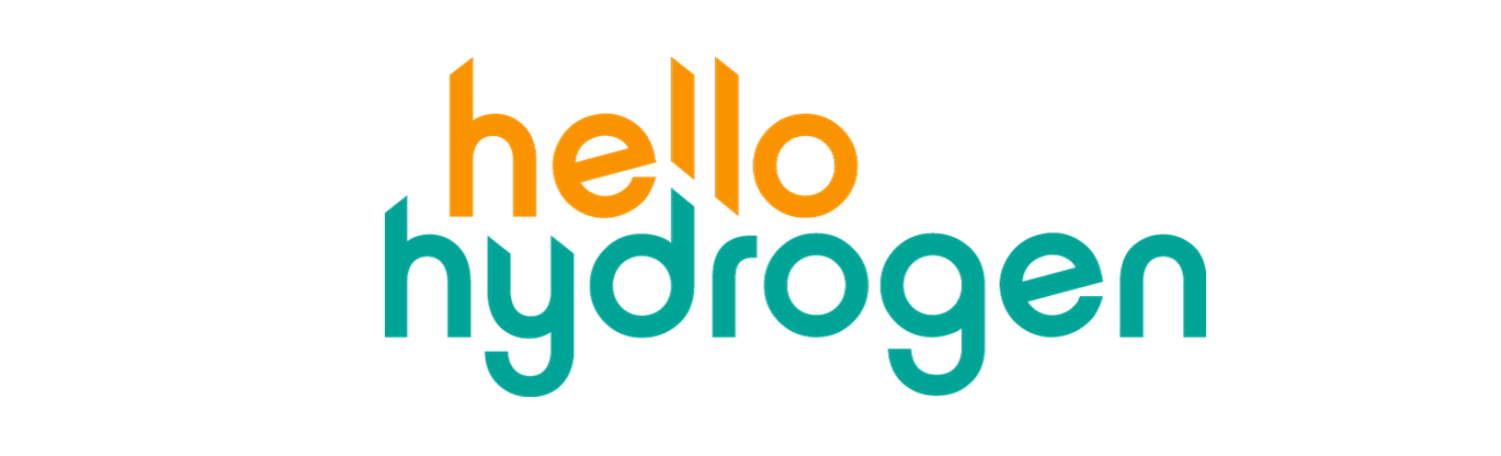 The image features the phrase 'hello hydrogen' in a clean, modern font. 'Hello' is in orange, and 'hydrogen' is in teal, conveying a fresh, innovative tone.