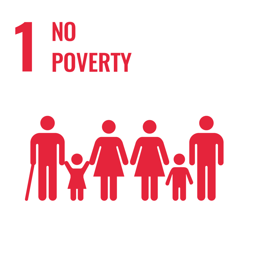 SDG 1 No Poverty icon showing a group of people of different ages standing together, symbolizing unity and poverty eradication.