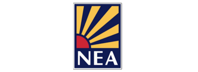 Logo for NEA featuring a stylized sun on a blue background with yellow rays and a red semicircle. Below, the text reads 
