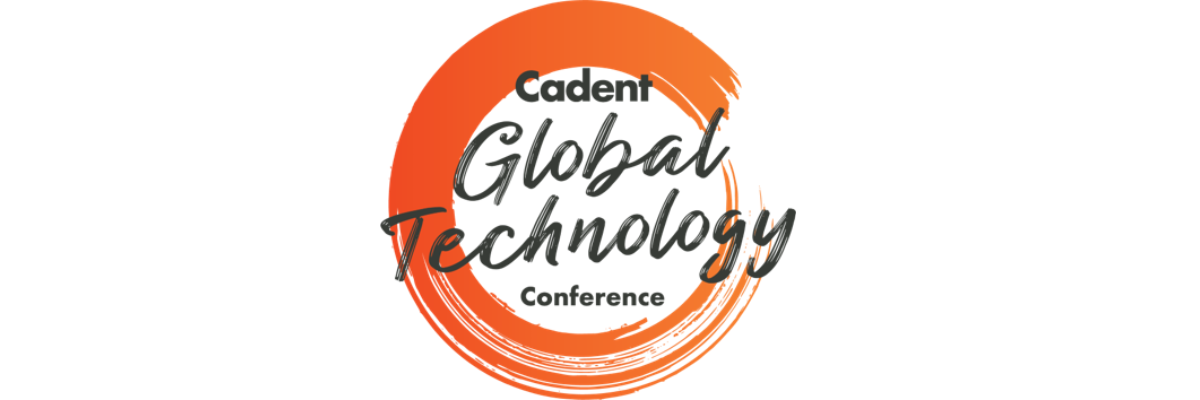 Logo for 'Cadent Global Technology Conference' with bold, cursive text on a dynamic orange brushstroke circle, conveying innovation and energy.