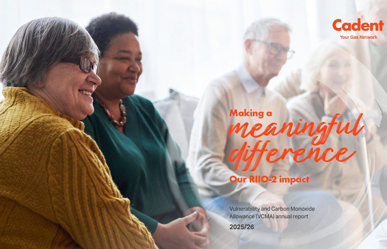 A diverse group of people in casual wear smiling and talking in a bright room, representing community connection. Text: Making a meaningful difference to our communities.