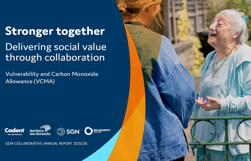 Smiling couple by a window, embracing and holding a mug. Text reads - Driving success through collaboration with logos of Cadent and others.