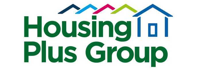 Logo for Housing Plus Group features green text with a roofline graphic above, using dark blue, light blue, pink, and lime colors against a black background.
