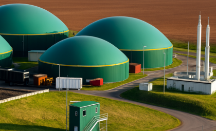 Biomethane production facility with green anaerobic digestion tanks and gas processing equipment, illustrating sustainable energy infrastructure contributing to UK economic and environmental value.