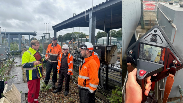 Group of engineers in protective gear receiving a briefing at a gas facility, with a close-up of a handheld inspection camera showing pipeline infrastructure.
