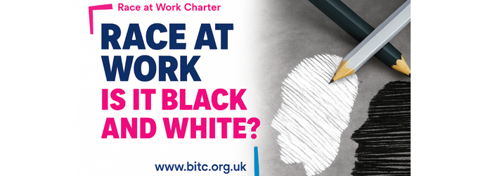 Race at Work Charter graphic with the text ‘Race at Work – Is it Black and White?’ beside an illustration of two pencils, one white and one black, drawing contrasting silhouette profiles.