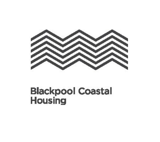Blackpool Coastal Housing logo features bold black zigzag lines resembling waves above the name in black text. The design conveys a modern, coastal theme.