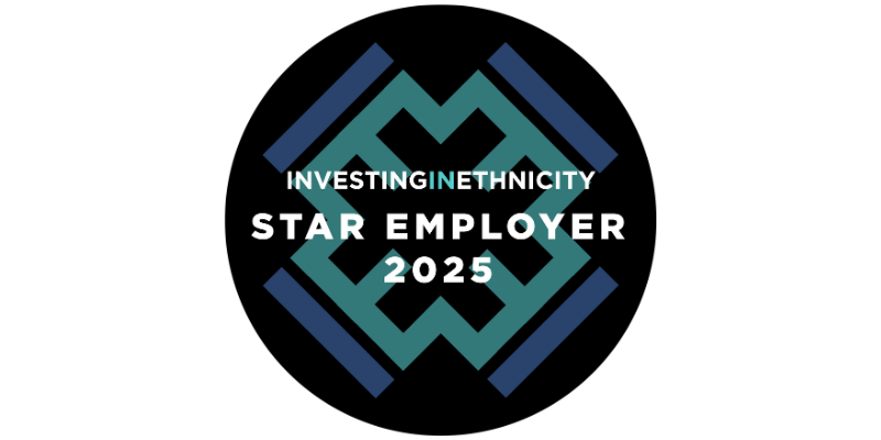 Investing in Ethnicity Star Employer 2025 badge featuring a circular black background with a geometric teal and navy pattern and white text across the centre