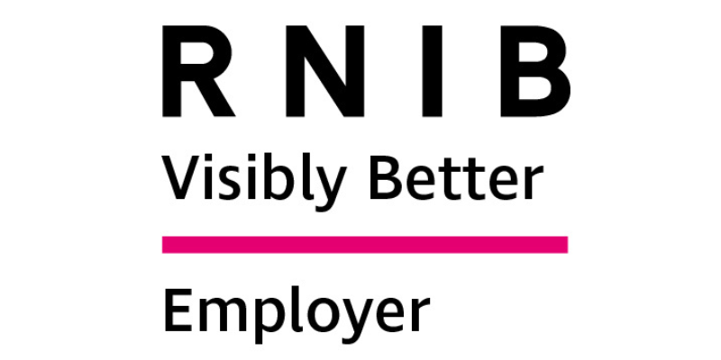 RNIB Visibly Better Employer logo with bold black lettering and a horizontal pink line beneath the words ‘Visibly Better.