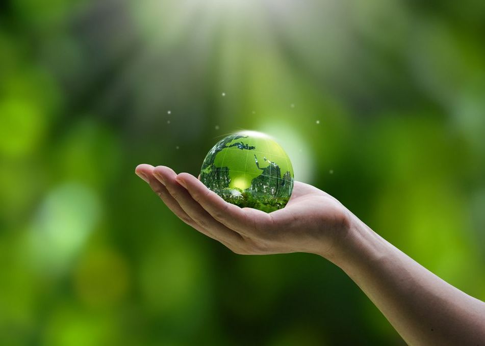 Hand holding crystal globe in green forest. ESG concept for environment, society and governance in sustainable and ethical business. green energy and growth