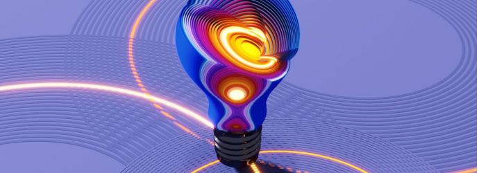 Futuristic complex light bulb made up of colored layers with a bright middle, 3D render.