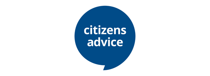 Blue speech bubble with the words 'citizens advice' in white lowercase letters centered inside. The tone is supportive and informative.