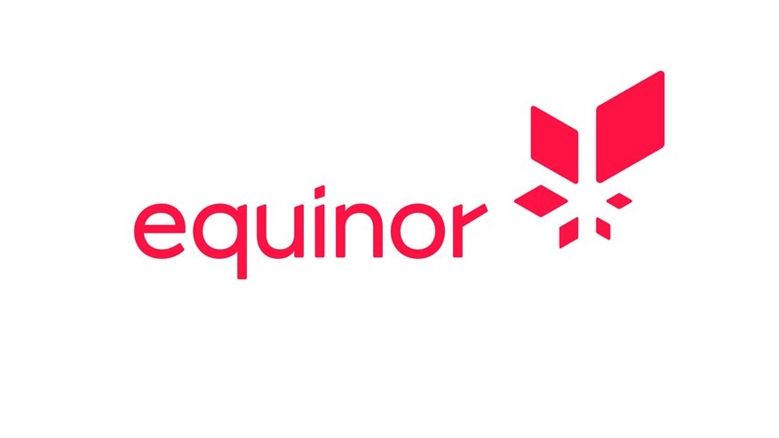 Red 'equinor' logo on white background with geometric shapes resembling a star on the right. Sleek design conveys modernity and innovation.