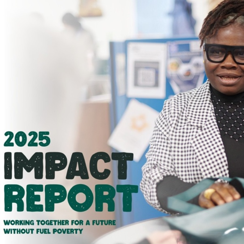 Woman smiling while holding a bag against a backdrop of a bulletin board with notices. Text: 