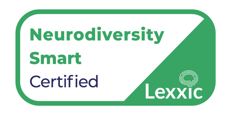 Neurodiversity Smart Certified badge by Lexxic, featuring green and white branding with the Lexxic logo and a stylized brain icon