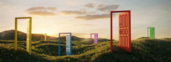 Multi coloured abstract opening doors on grassy field on sunny summer day.