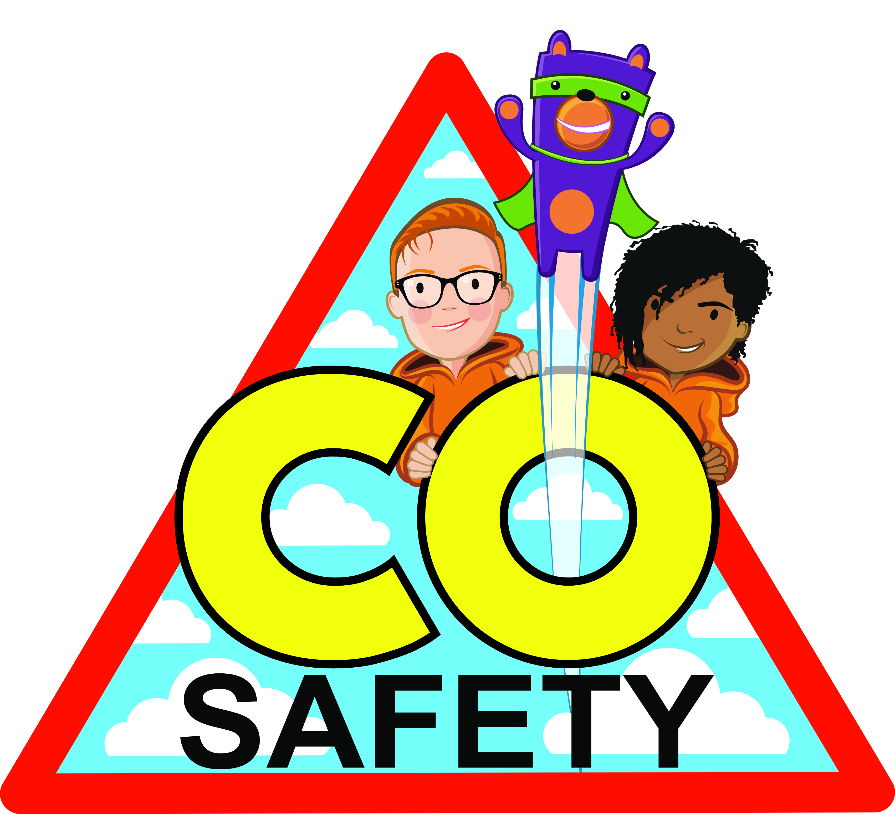 Colorful logo featuring two kids and a purple character promoting CO safety